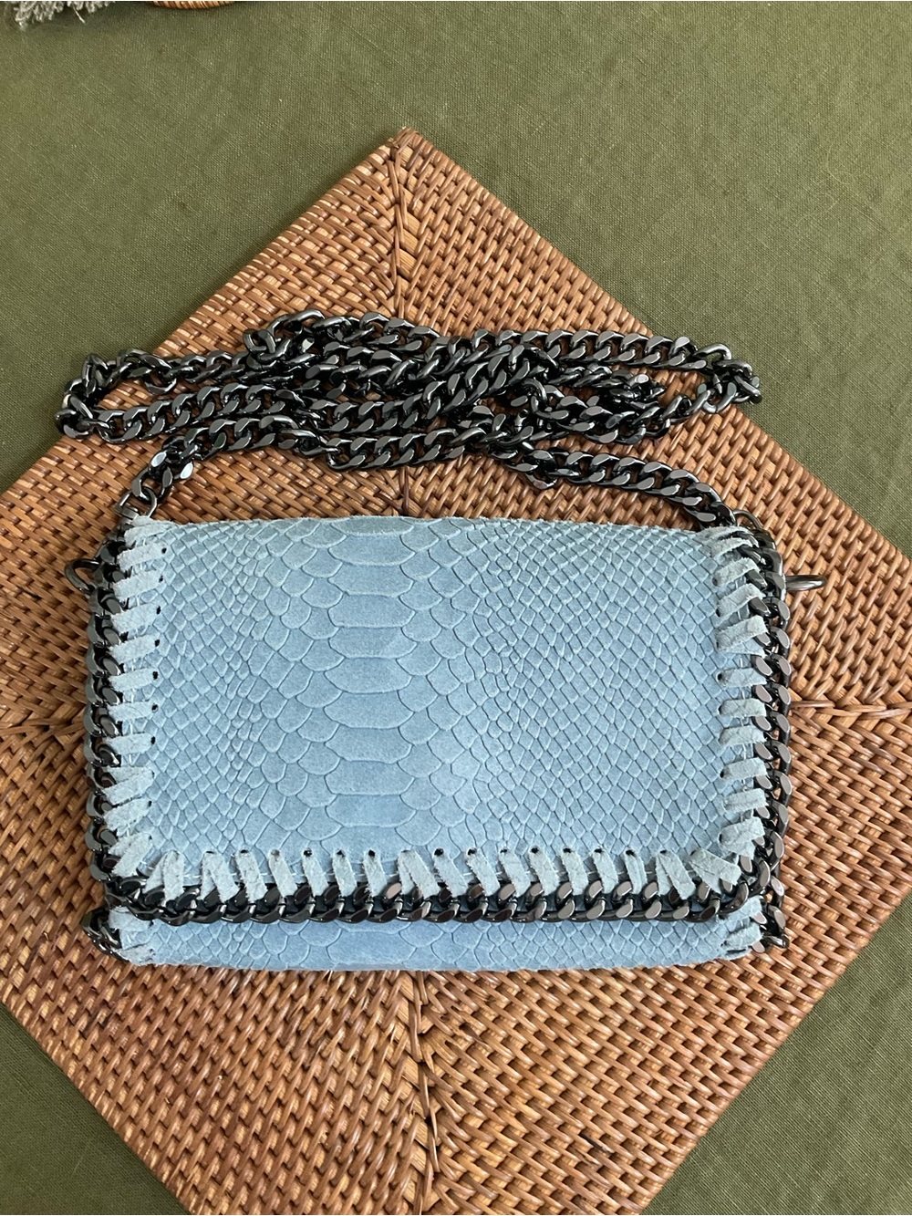 Textured Light Blue Crossbody Bag with Gunmetal Chain